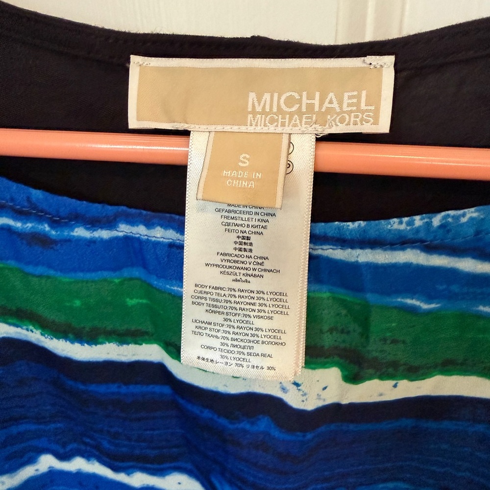 Michael Kors Blue & Green Wave-Stripe Short Poncho Sleeve Top - Picture 2 of 6